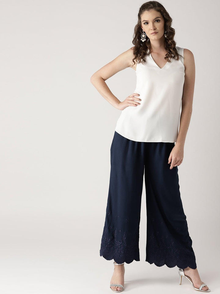 Blue Solid Rayon Palazzos - ShopLibas