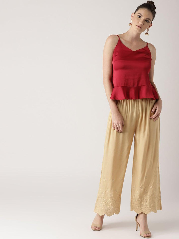 Beige Solid Rayon Palazzos