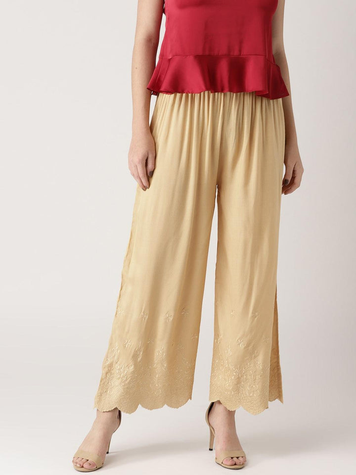 Beige Solid Rayon Palazzos