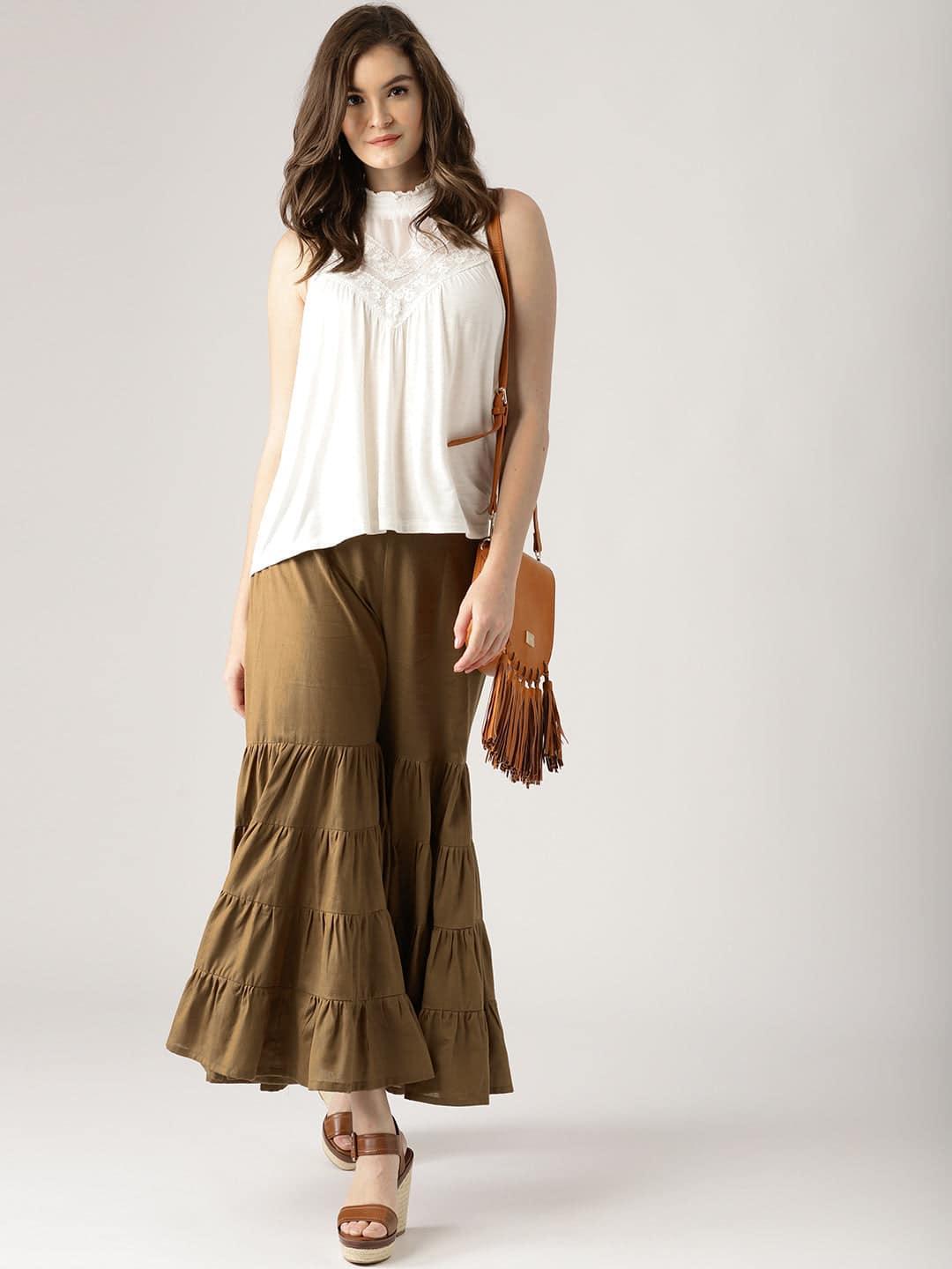 Brown Solid Cotton Sharara Pants - ShopLibas