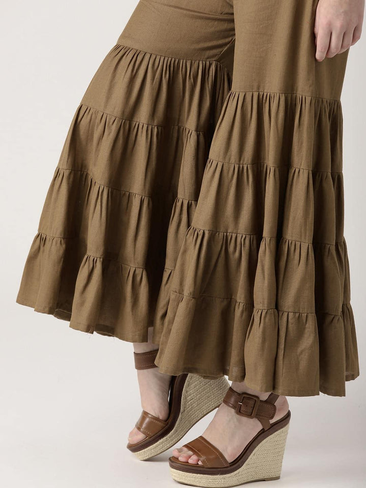 Brown Solid Cotton Sharara Pants - ShopLibas