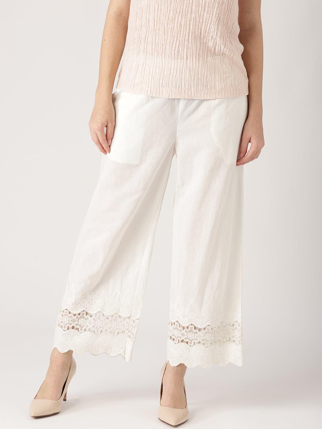 White Solid Cotton Palazzos - ShopLibas