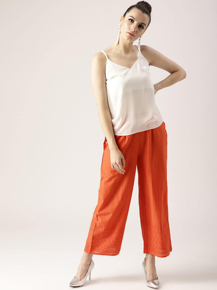 Orange Solid Cotton Palazzos - ShopLibas