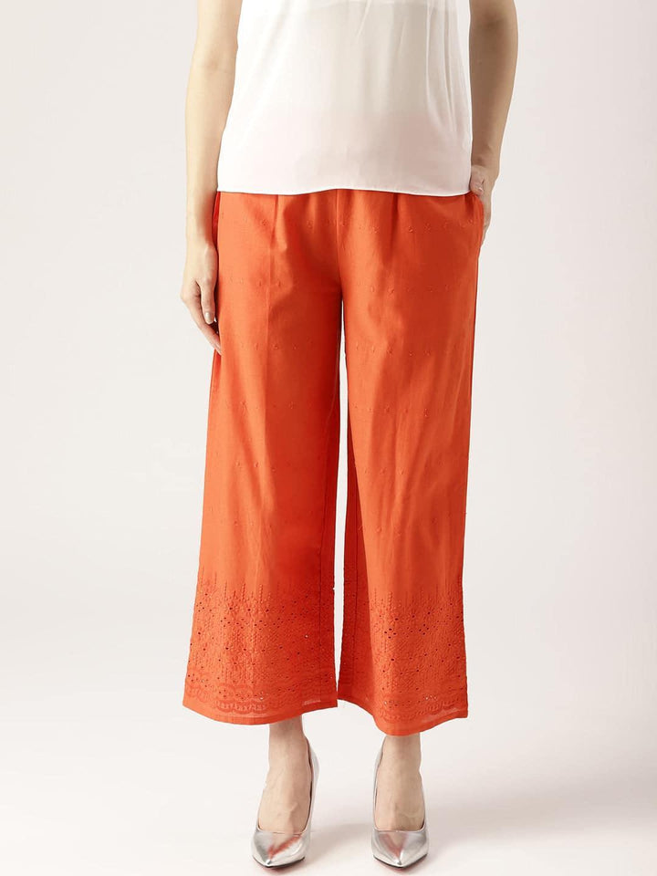 Orange Solid Cotton Palazzos - ShopLibas