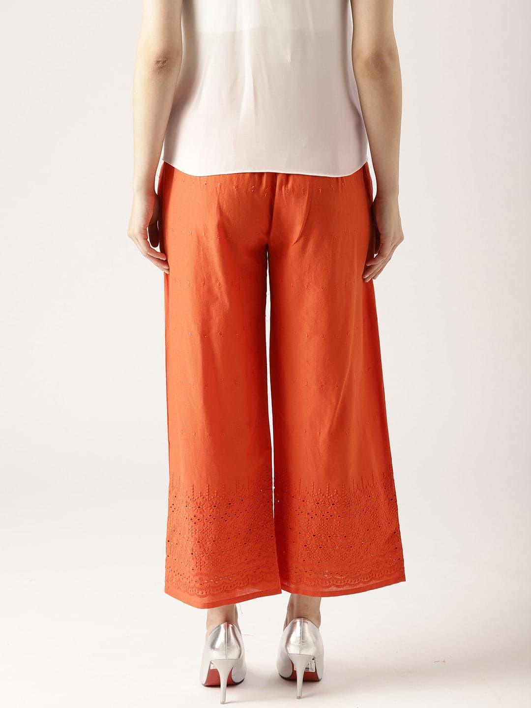 Orange Solid Cotton Palazzos - ShopLibas