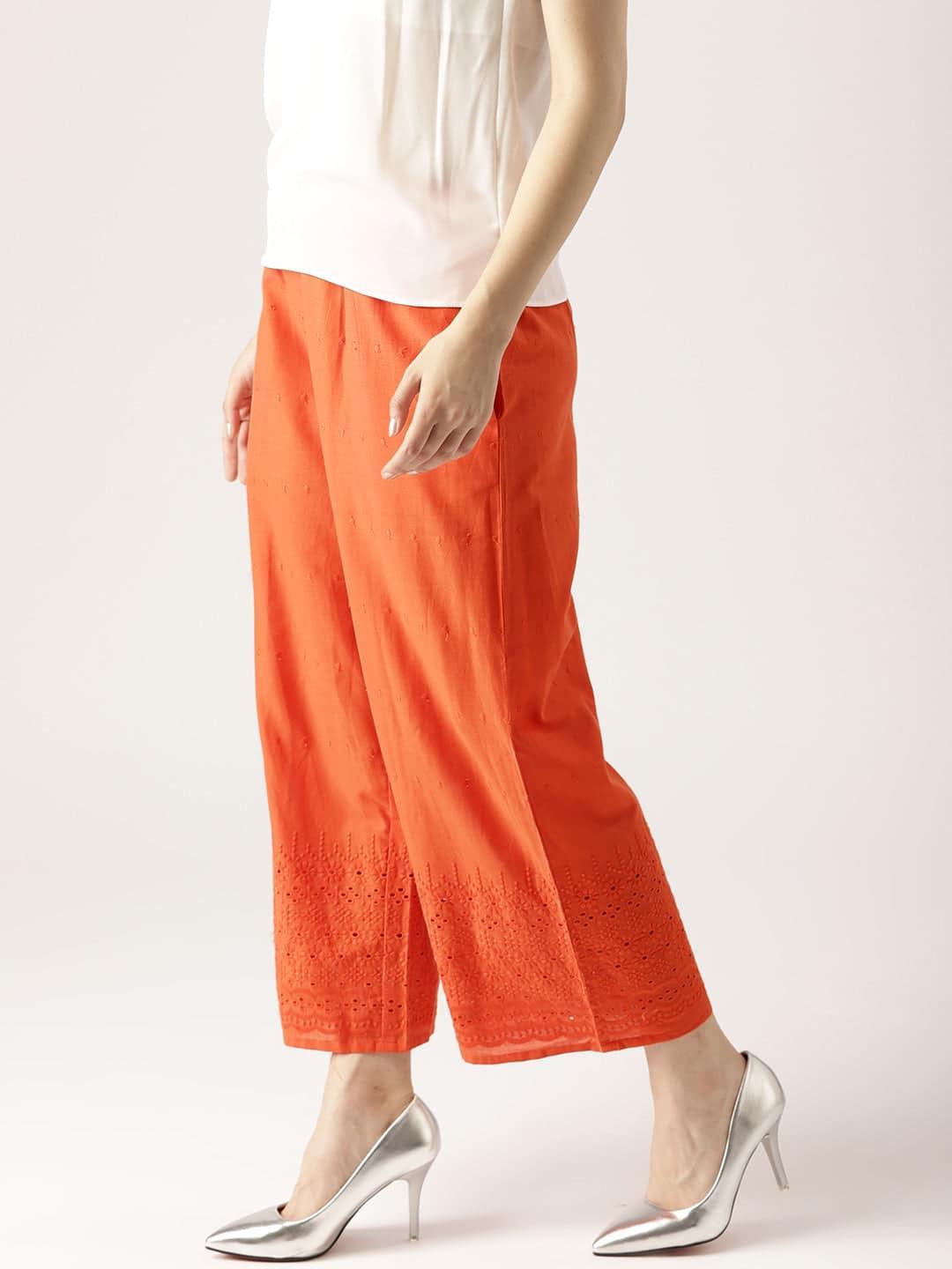 Orange Solid Cotton Palazzos - ShopLibas
