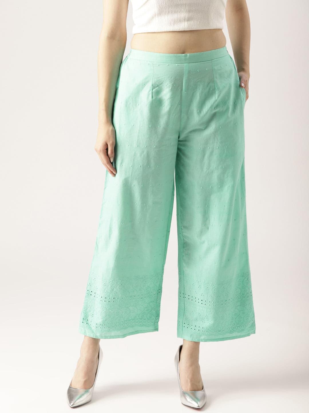 Blue Solid Cotton Palazzos - ShopLibas