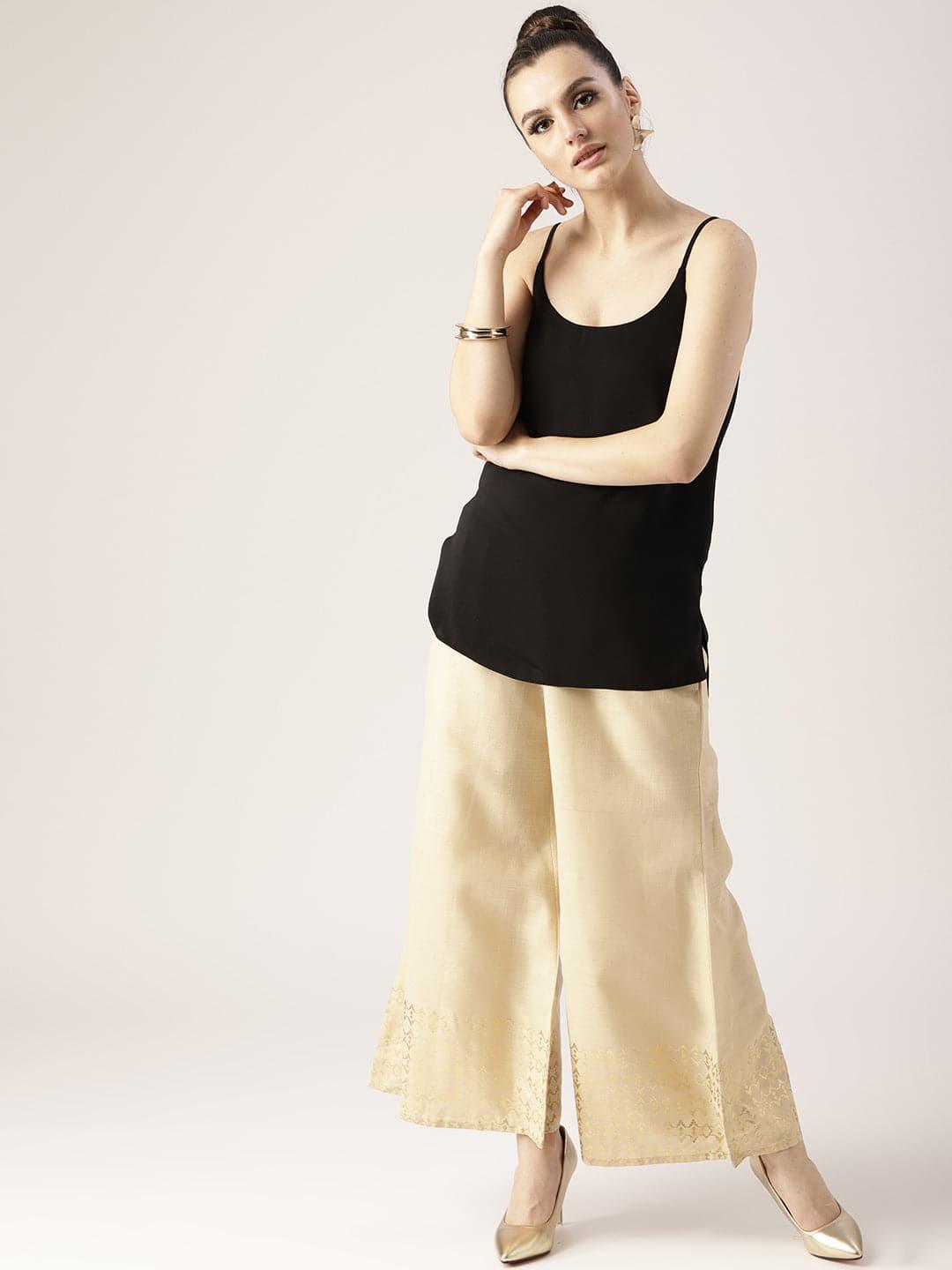 Beige Solid Cotton Palazzos - ShopLibas 