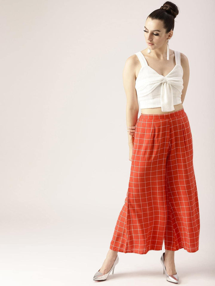Red Checkered Rayon Palazzos - ShopLibas