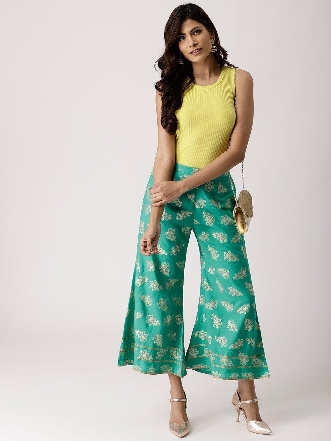 Green Printed Rayon Palazzos - ShopLibas 