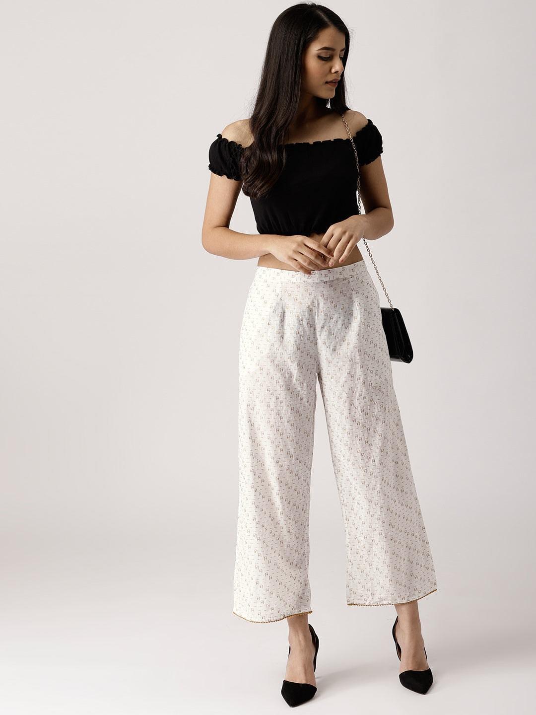 White Abstract Cotton Palazzos - ShopLibas 