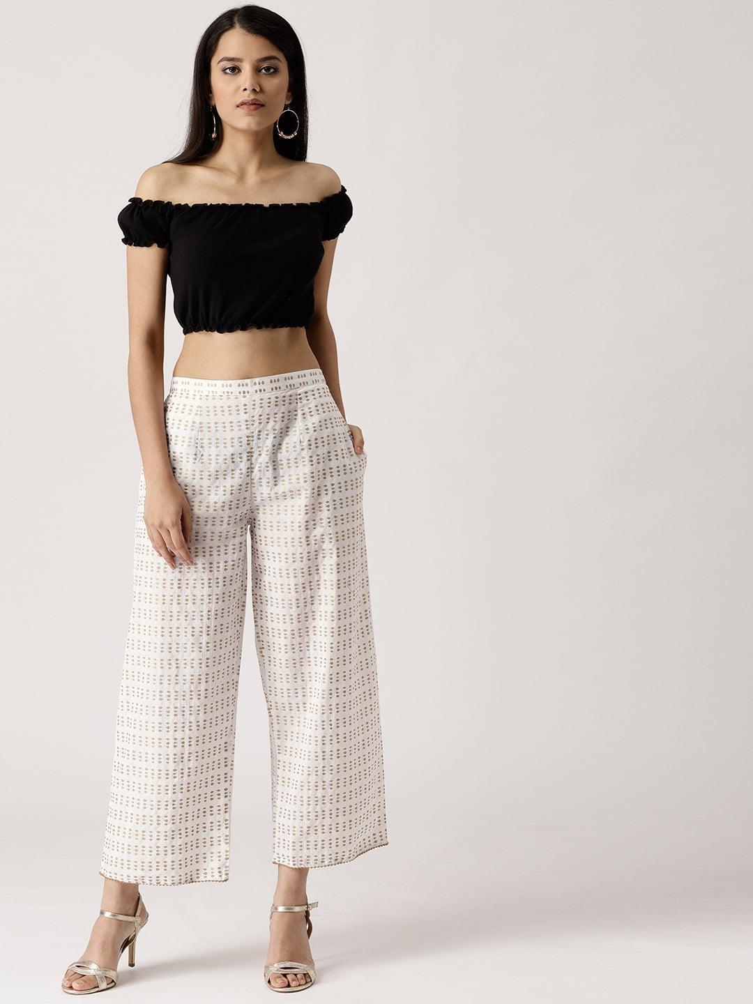 White Abstract Cotton Palazzos - ShopLibas 
