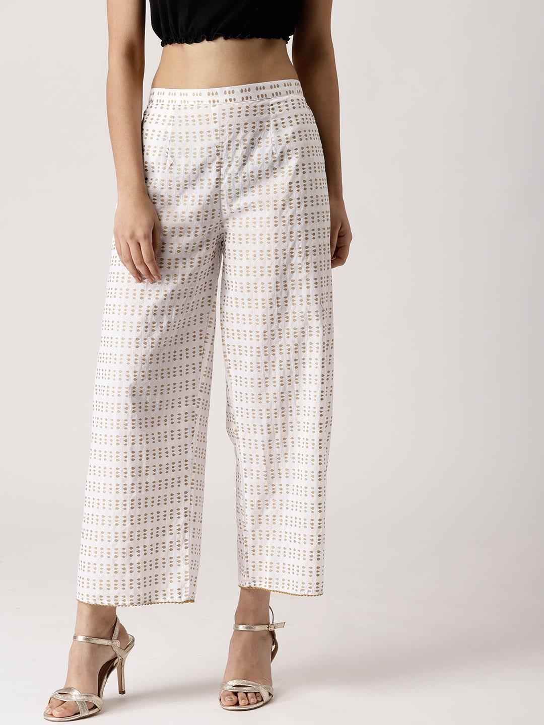 White Abstract Cotton Palazzos - ShopLibas