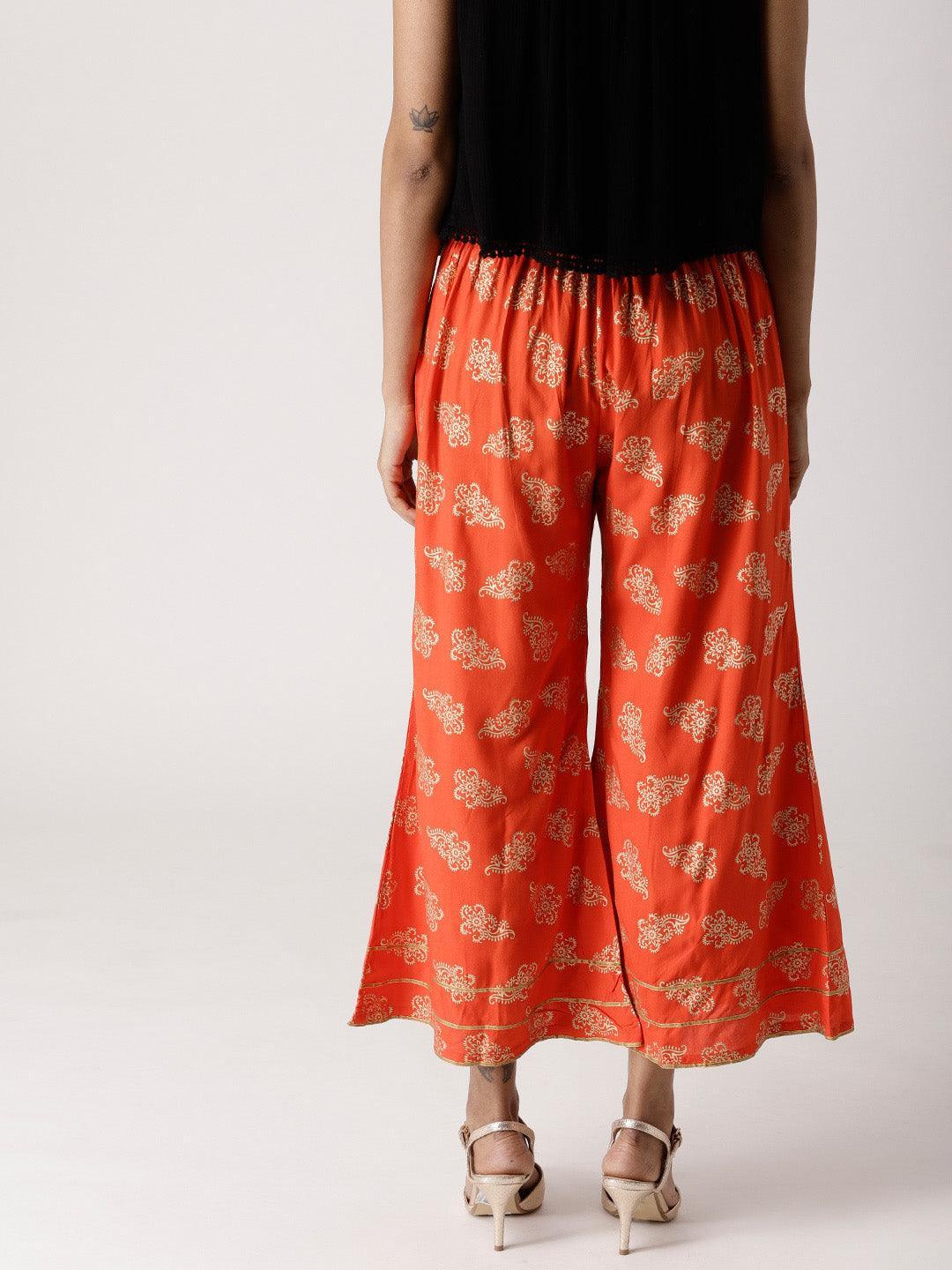 Orange Printed Rayon Palazzos - ShopLibas