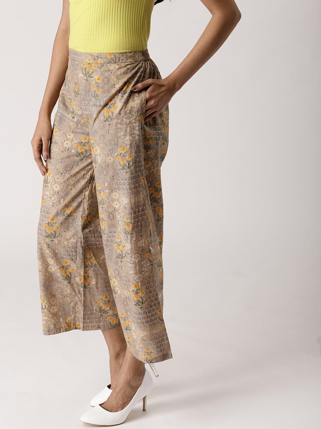 Grey Printed Cotton Palazzos - ShopLibas 