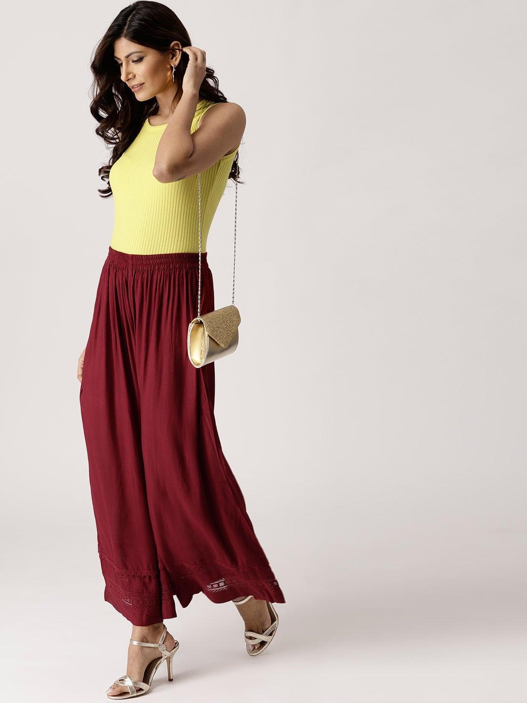 Maroon Solid Rayon Palazzos - ShopLibas 