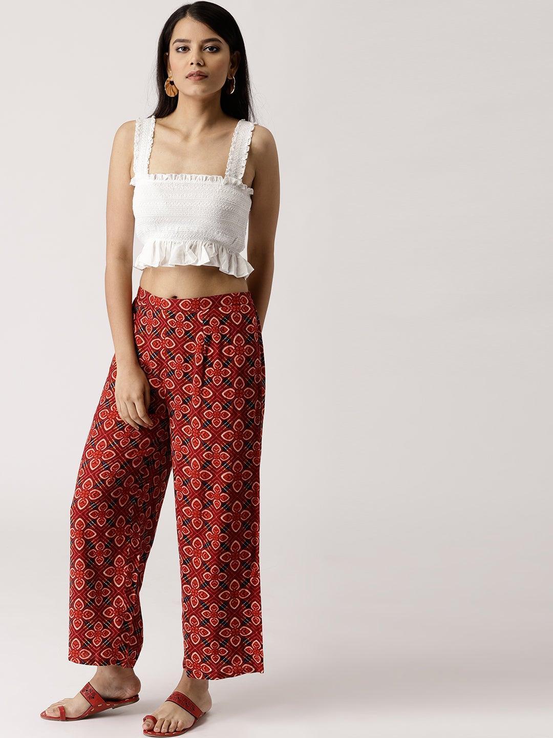 Red Printed Rayon Palazzos - ShopLibas