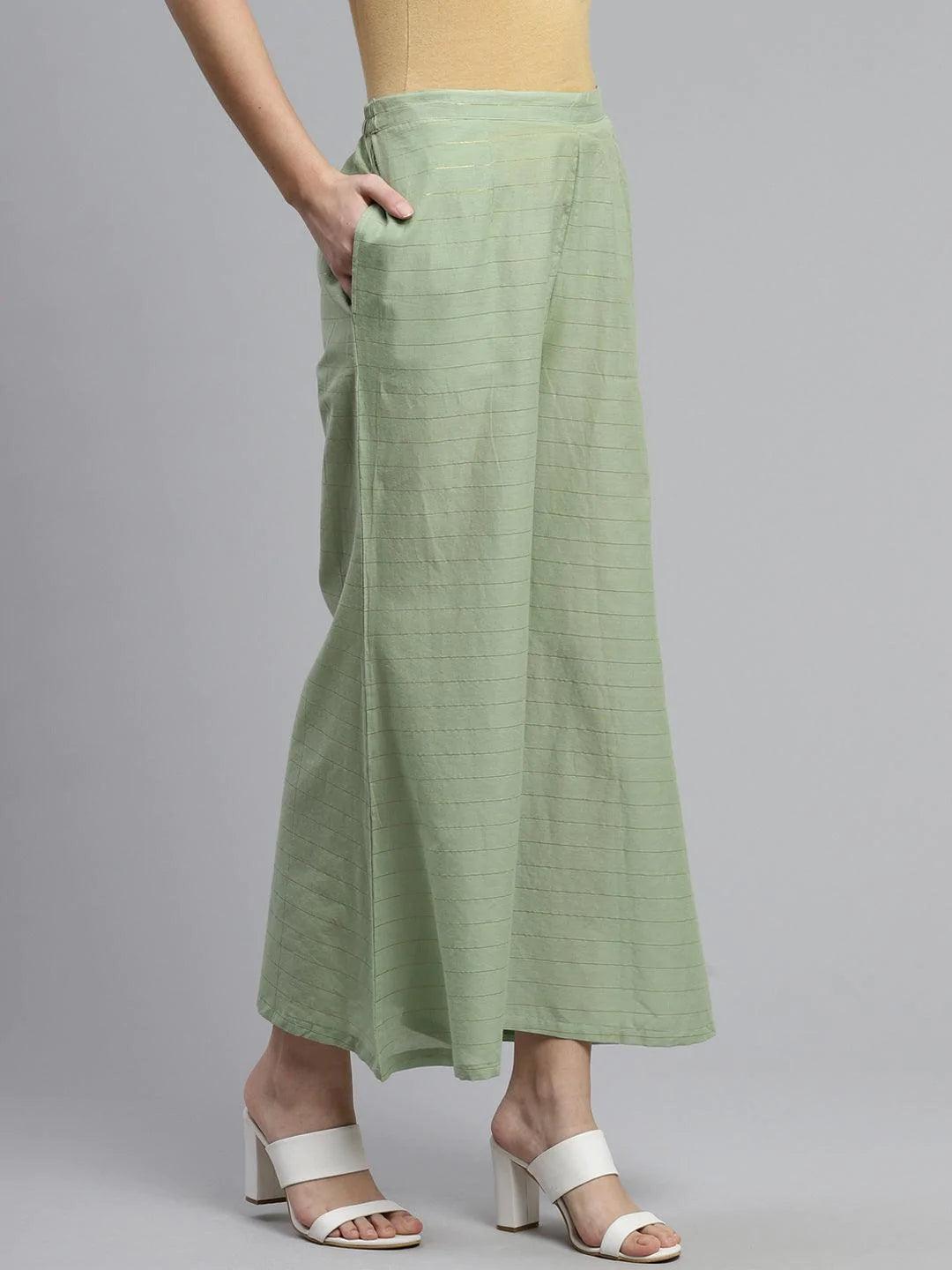 Green Striped Cotton Palazzos - ShopLibas 