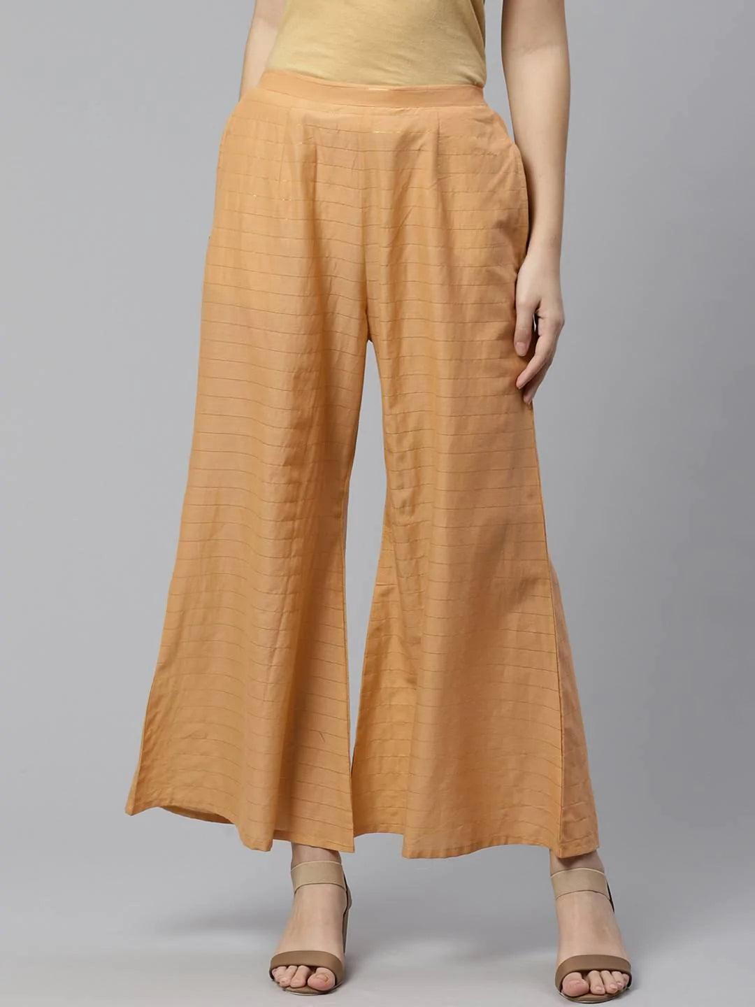 Beige Striped Cotton Palazzos - ShopLibas