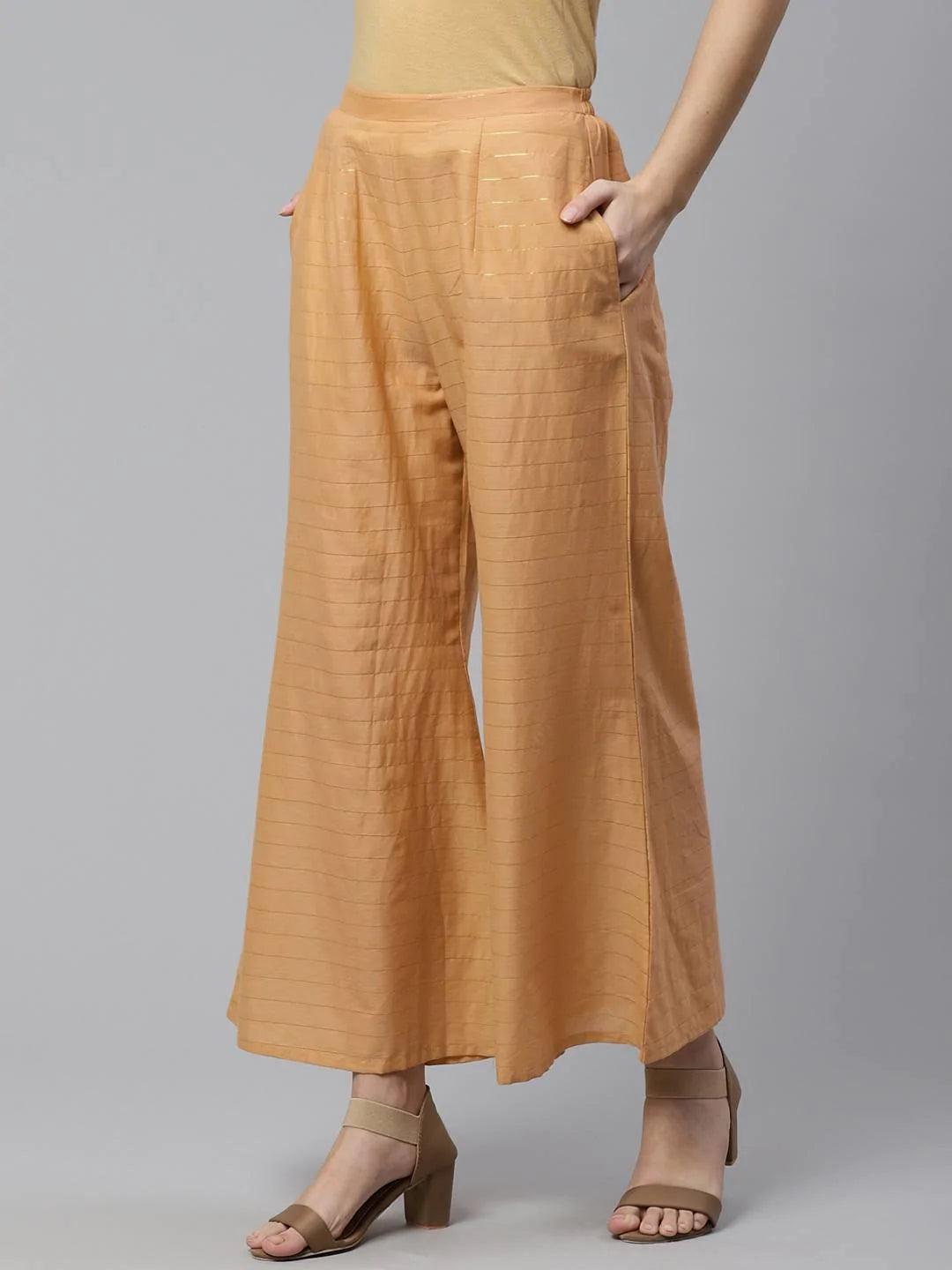 Beige Striped Cotton Palazzos - ShopLibas