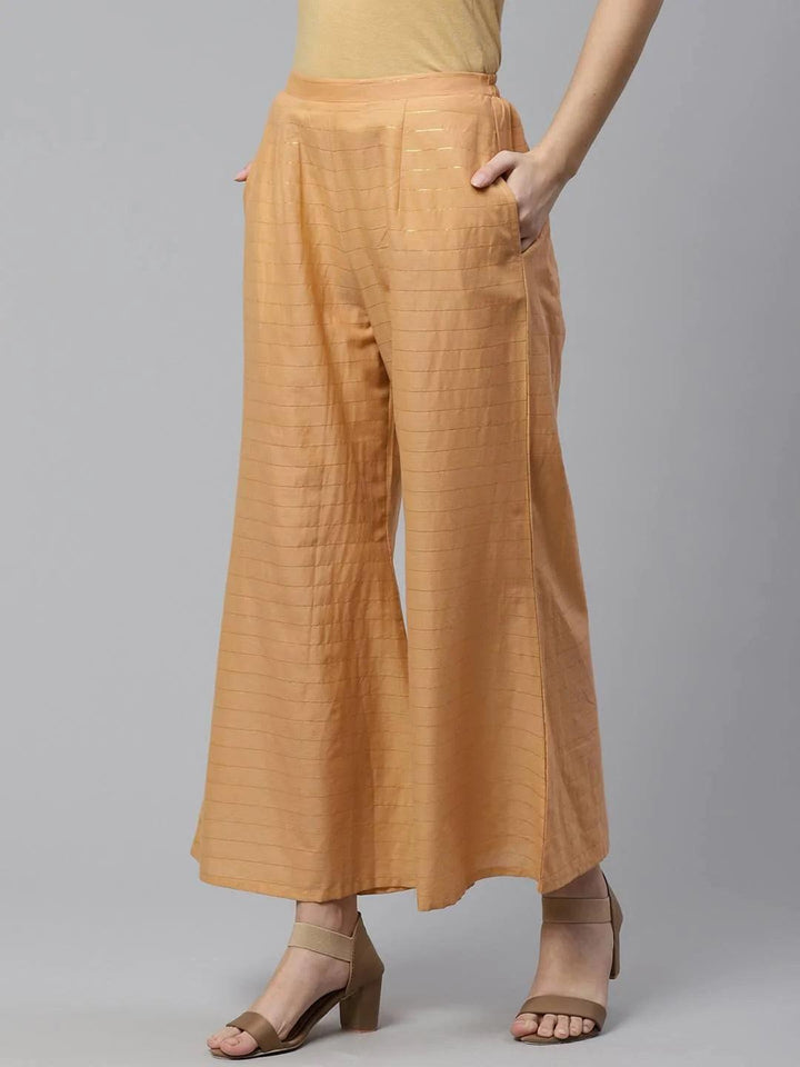 Beige Striped Cotton Palazzos - ShopLibas