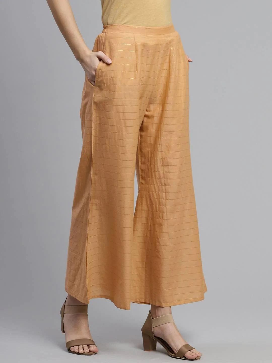 Beige Striped Cotton Palazzos - ShopLibas