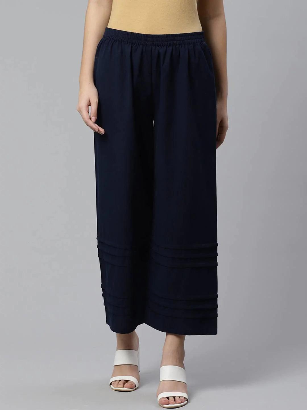 Blue Solid Cotton Palazzos - ShopLibas
