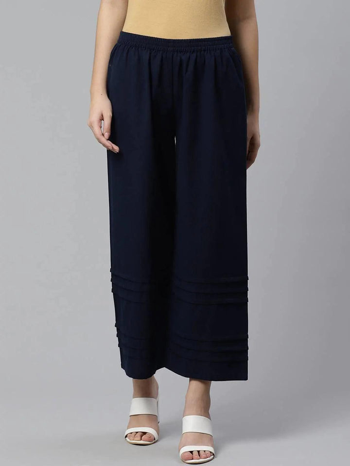 Blue Solid Cotton Palazzos - ShopLibas