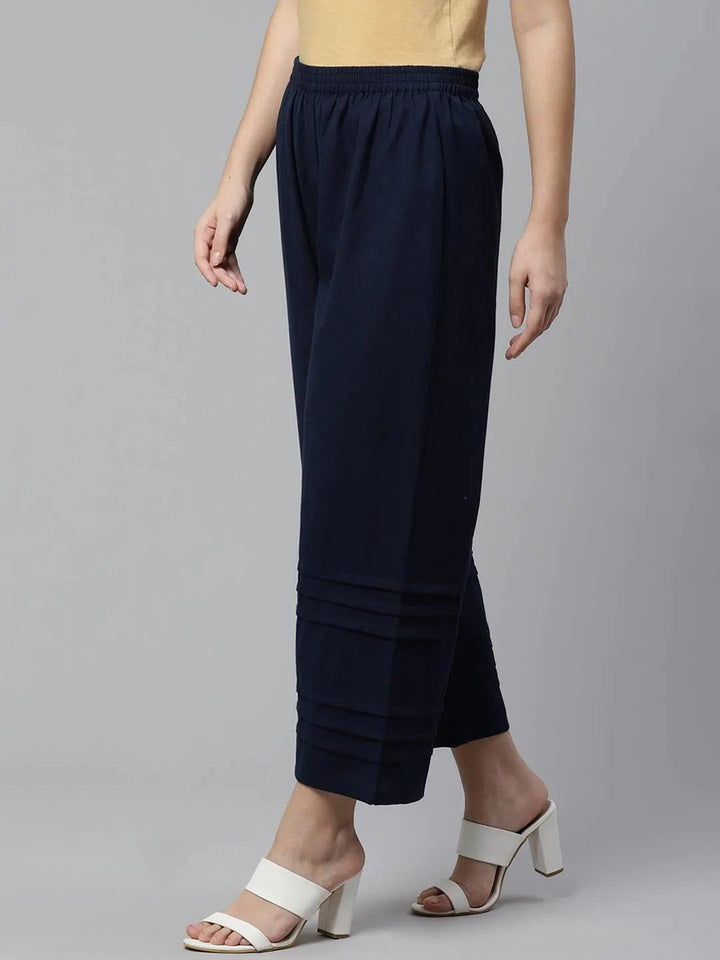 Blue Solid Cotton Palazzos - ShopLibas