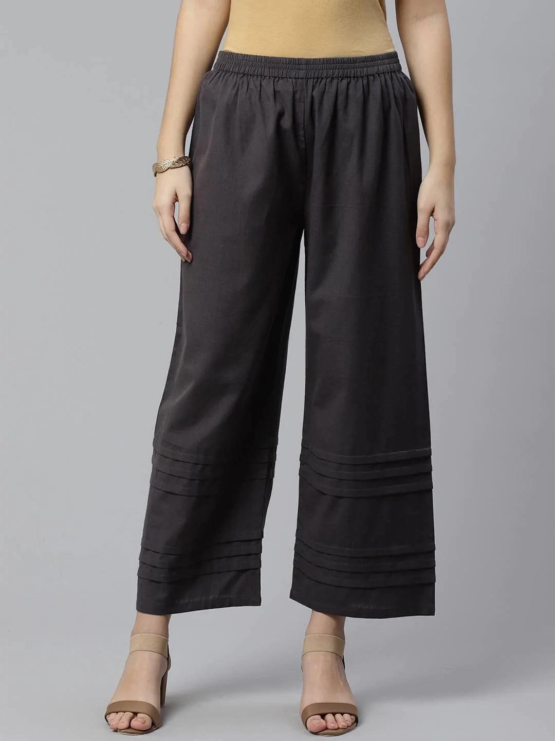 Grey Solid Cotton Palazzos - ShopLibas