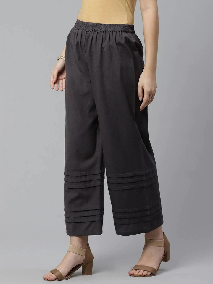 Grey Solid Cotton Palazzos - ShopLibas
