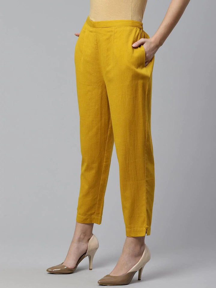 Yellow Solid Cotton Trousers - ShopLibas
