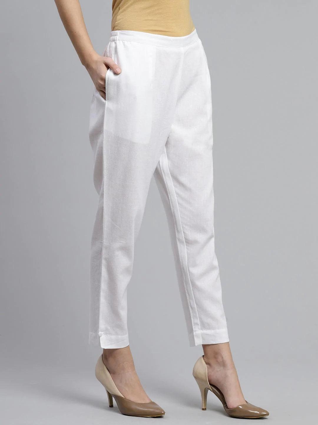 White Solid Cotton Trousers - ShopLibas 