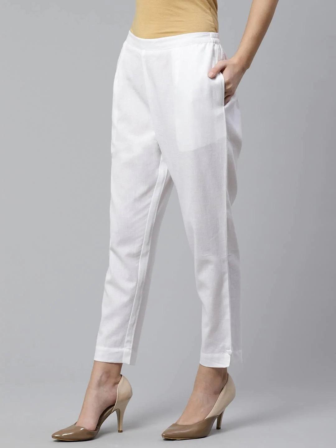 White Solid Cotton Trousers - ShopLibas 