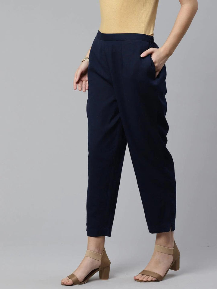 Blue Solid Cotton Trousers - ShopLibas