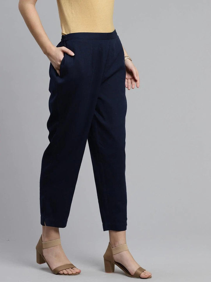 Blue Solid Cotton Trousers - ShopLibas