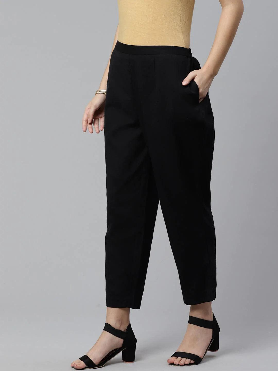 Black Solid Cotton Trousers - ShopLibas 
