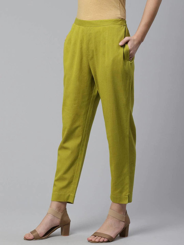 Green Solid Cotton Trousers