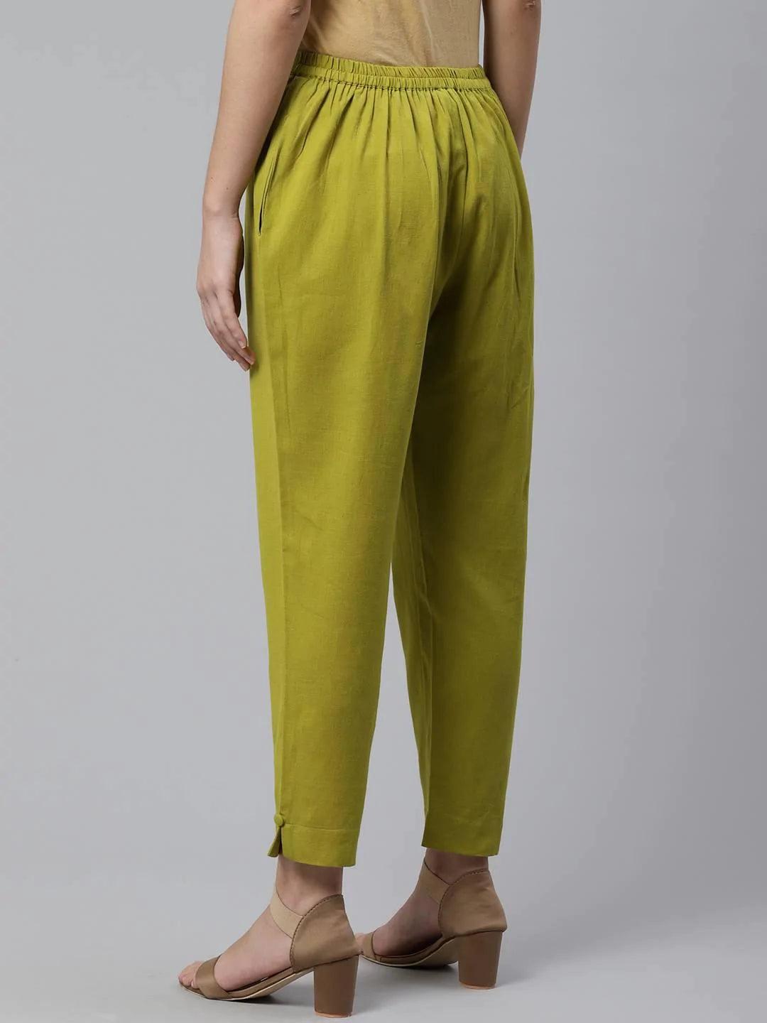 Green Solid Cotton Trousers - ShopLibas 