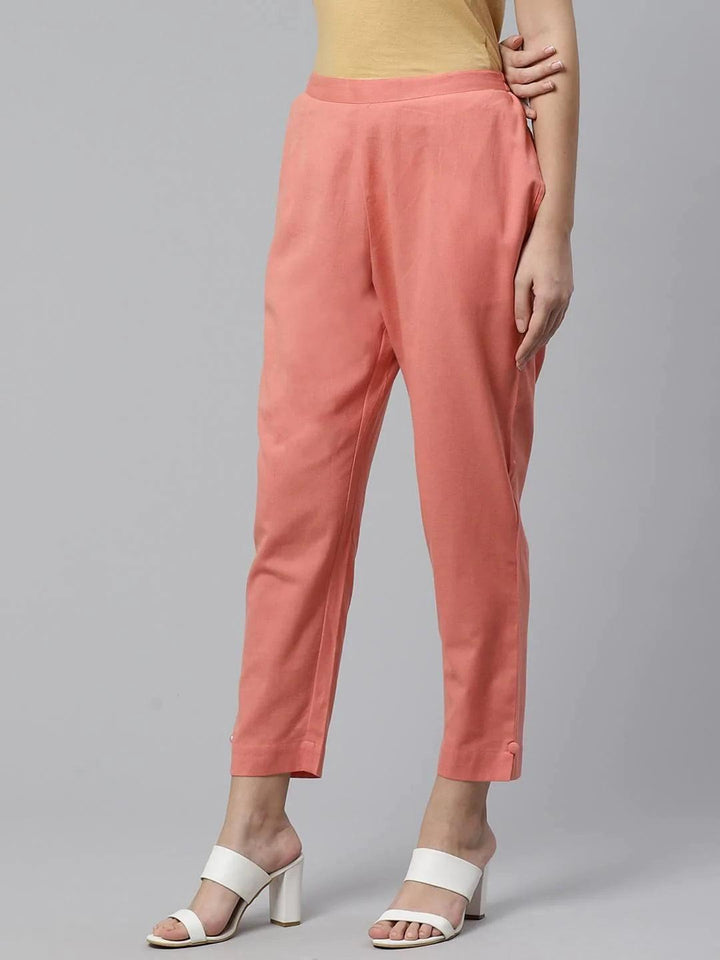 Peach Solid Cotton Trousers - ShopLibas