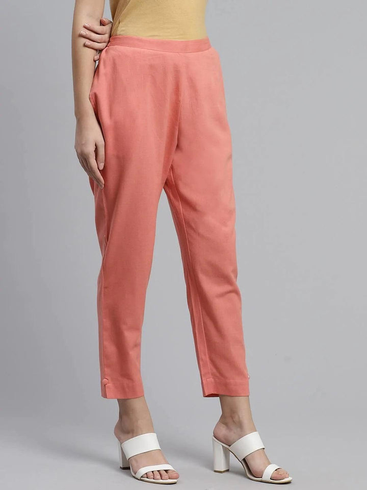 Peach Solid Cotton Trousers - ShopLibas