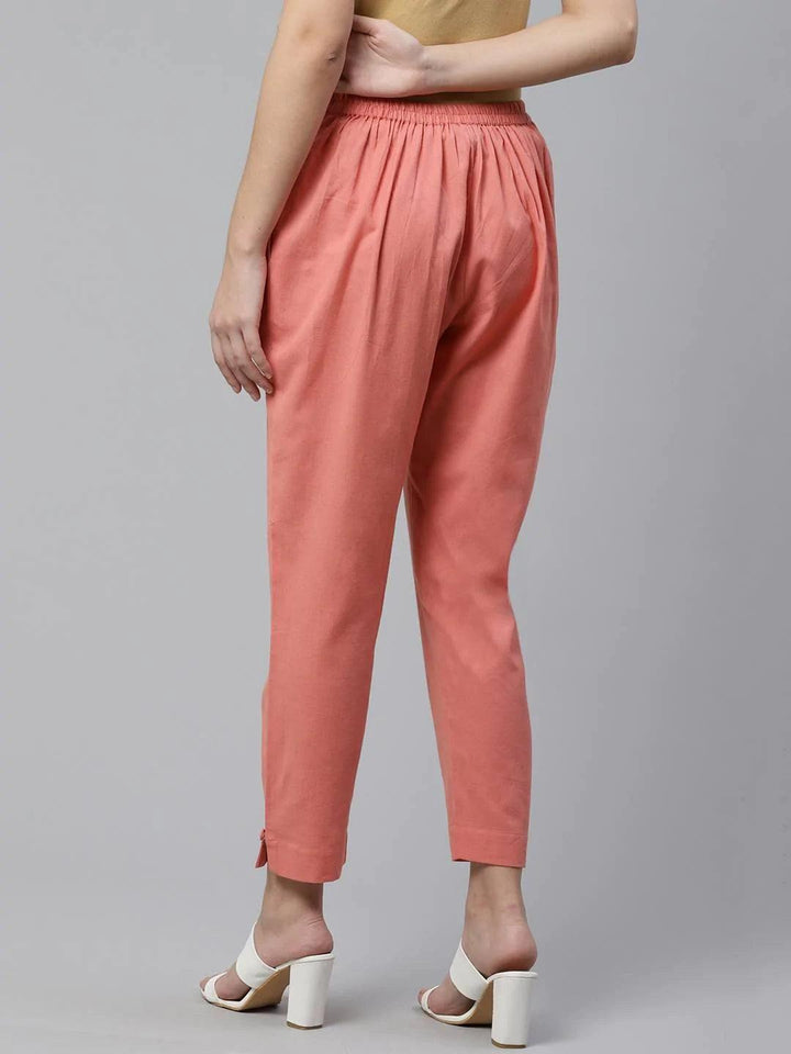 Peach Solid Cotton Trousers - ShopLibas