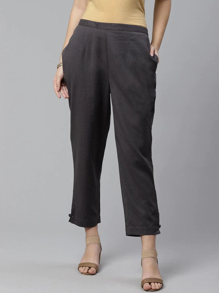 Grey Solid Cotton Trousers