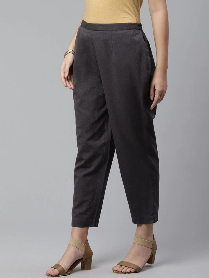 Grey Solid Cotton Trousers