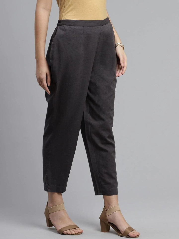 Grey Solid Cotton Trousers