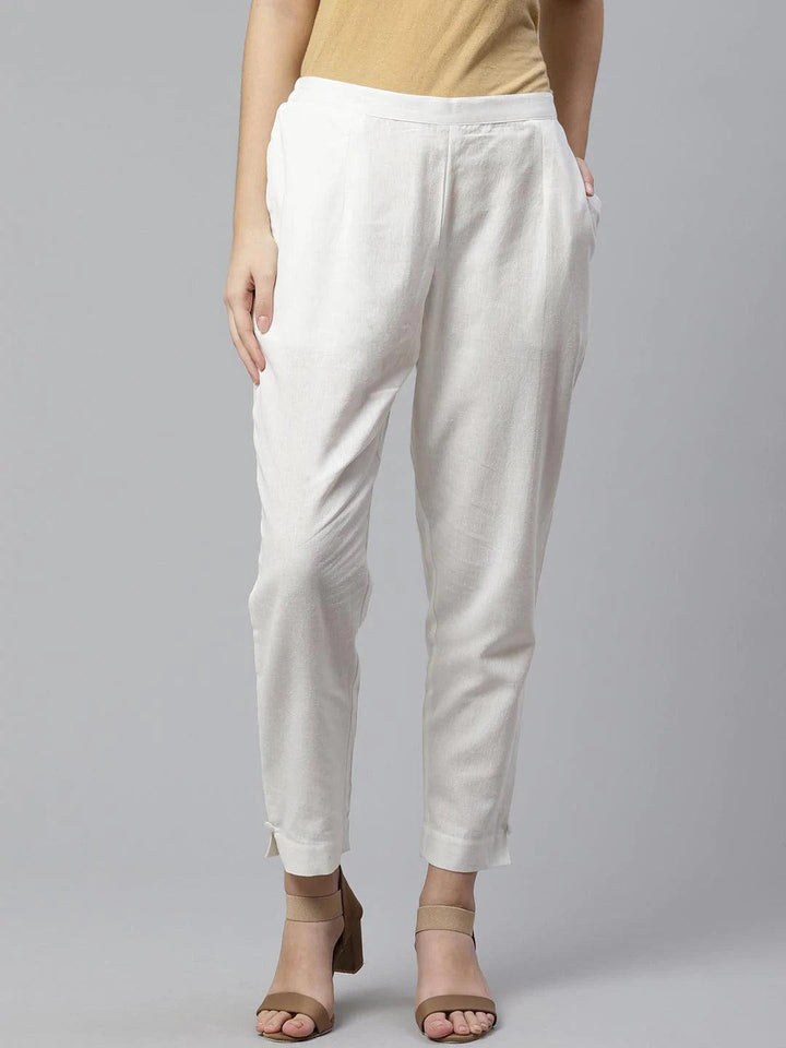 White Solid Cotton Trousers - ShopLibas