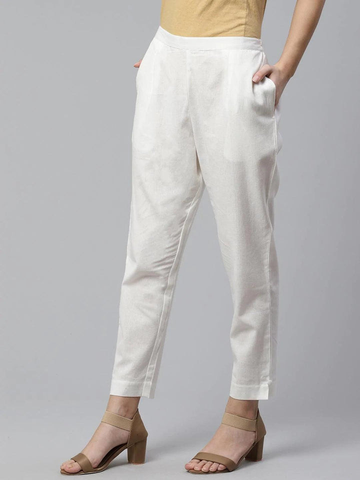 White Solid Cotton Trousers - ShopLibas