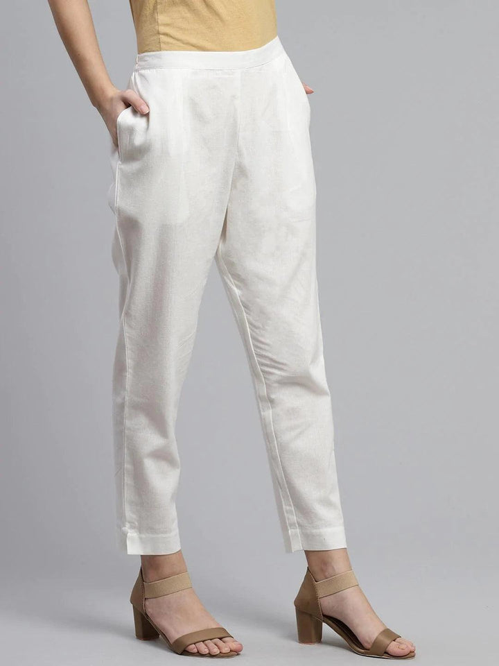 White Solid Cotton Trousers - ShopLibas