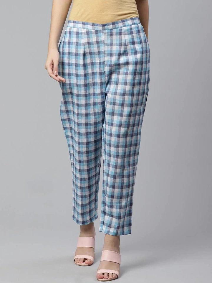 Blue Checkered Cotton Trousers - ShopLibas