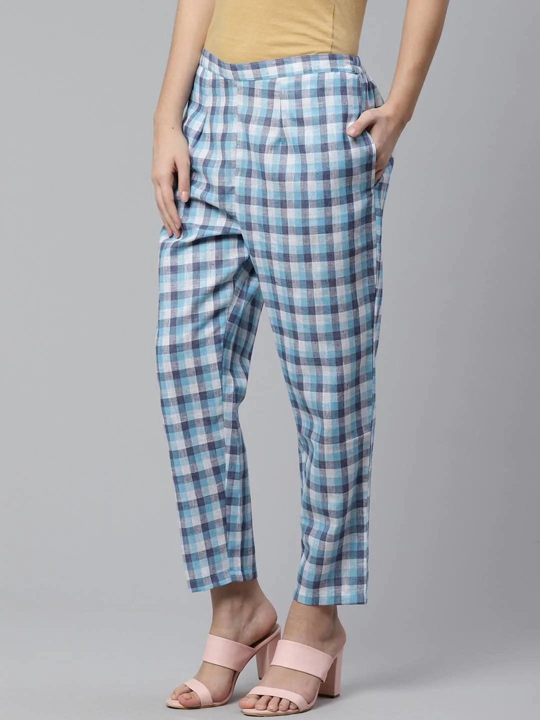 Blue Checkered Cotton Trousers - ShopLibas